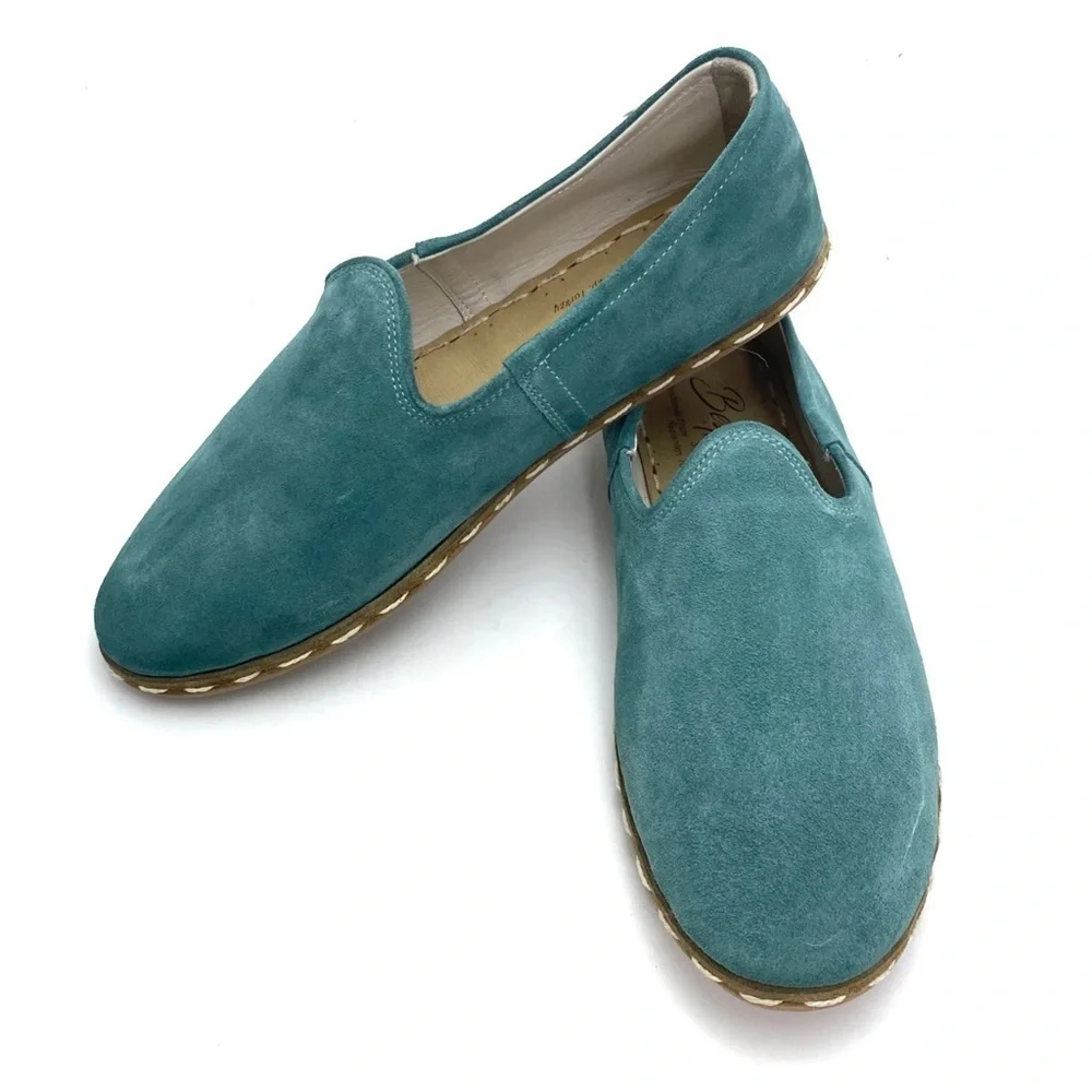 THE Bespoky Suede Handmade Flat Slip On Loafer In Aqua green Size 41